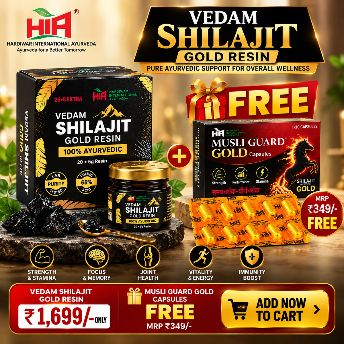 Vedam Shilajit Gold Resin – 100% Ayurvedic | 25g + Musli Guard Gold Capsules FREE Free Product MRP: ₹349/-