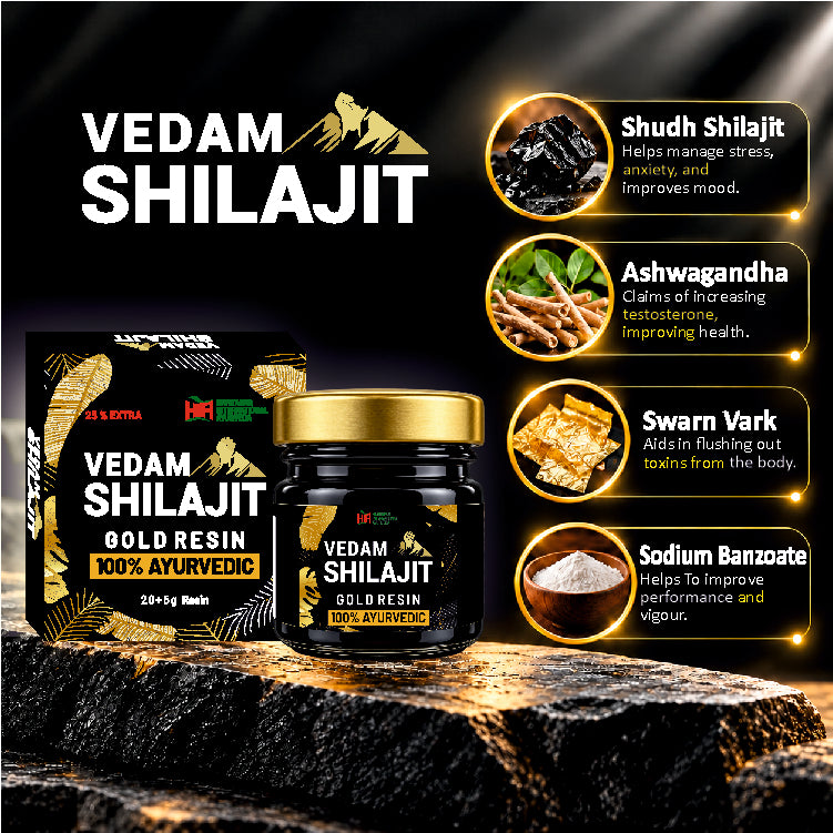 Vedam Shilajit Gold Resin – 100% Ayurvedic | 25g + Musli Guard Gold Capsules FREE Free Product MRP: ₹349/-